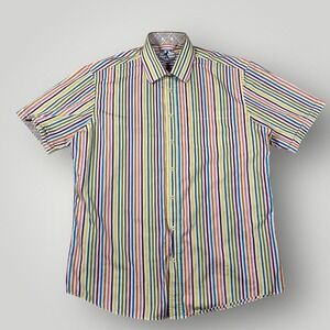 Bugatchi Shirt Mens Large Multicolor‎ Stripe Short Sleeve Shaped Fit Cotton